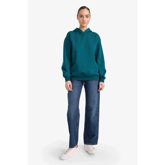 Relax Fit Kapüşonlu Basic Düz Kalın Sweatshirt D9935AX25WN