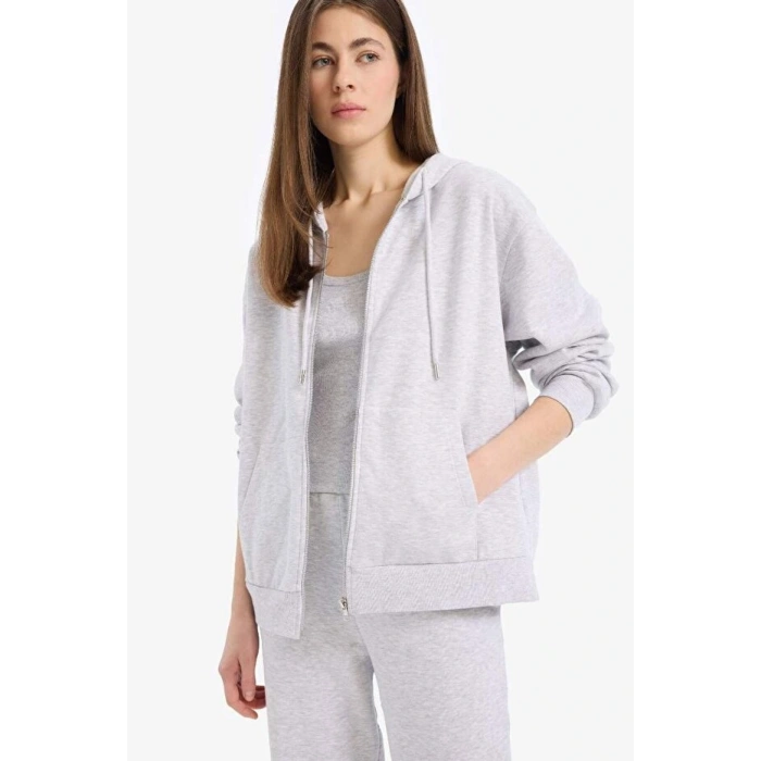 Relax Fit Kapüşonlu Cepli Basic Düz Fermuarlı