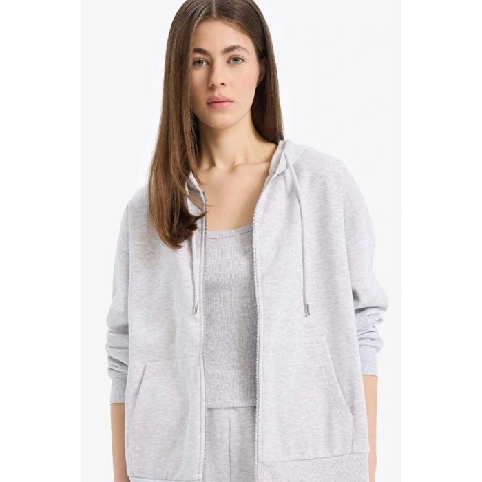 Relax Fit Kapüşonlu Cepli Basic Düz Fermuarlı