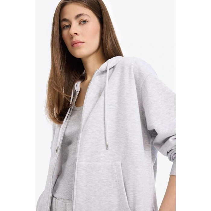 Relax Fit Kapüşonlu Cepli Basic Düz Fermuarlı