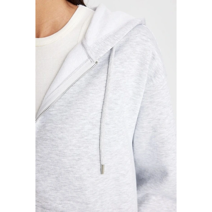 Relax Fit Kapüşonlu Cepli Basic Düz Fermuarlı Sweatshirt