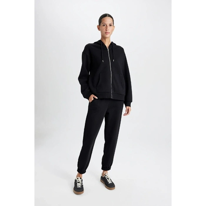 Relax Fit Kapüşonlu Cepli Basic Düz Fermuarlı Sweatshirt