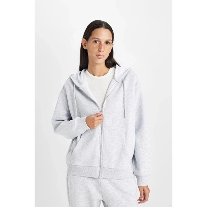 Relax Fit Kapüşonlu Cepli Basic Düz Fermuarlı Sweatshirt