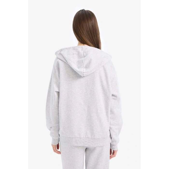 Relax Fit Kapüşonlu Cepli Basic Düz Fermuarlı Sweatshirt