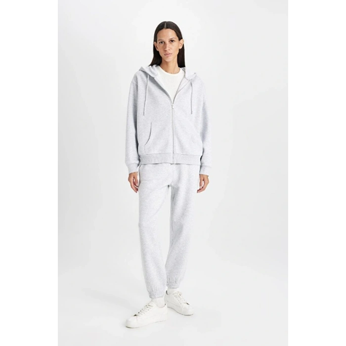 Relax Fit Kapüşonlu Cepli Basic Düz Fermuarlı Sweatshirt