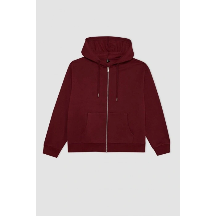 Relax Fit Kapüşonlu Cepli Basic Düz Fermuarlı Sweatshirt