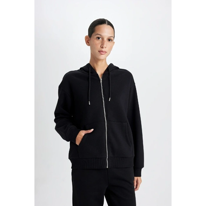 Relax Fit Kapüşonlu Cepli Basic Düz Fermuarlı Sweatshirt