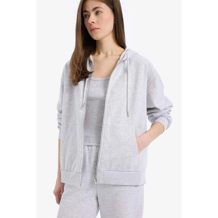 Relax Fit Kapüşonlu Cepli Basic Düz Fermuarlı Sweatshirt