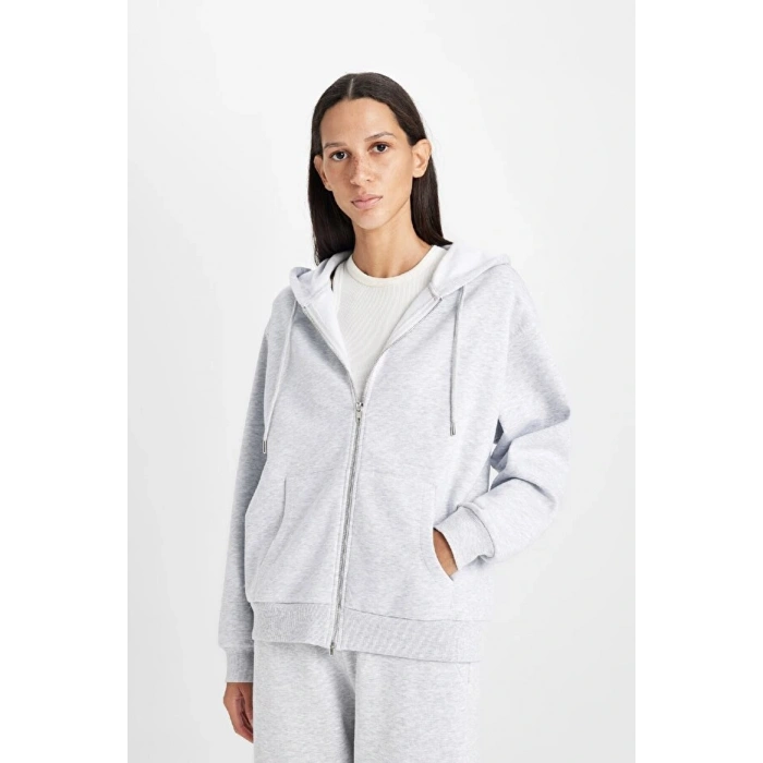 Relax Fit Kapüşonlu Cepli Basic Düz Fermuarlı Sweatshirt