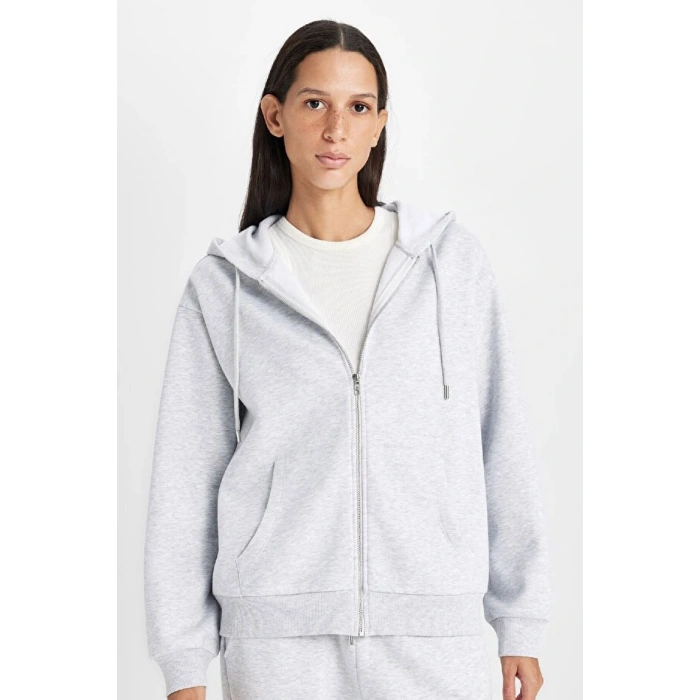 Relax Fit Kapüşonlu Cepli Basic Düz Fermuarlı Sweatshirt