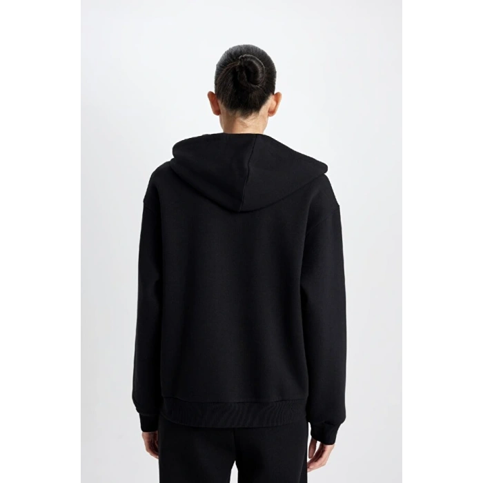 Relax Fit Kapüşonlu Cepli Basic Düz Fermuarlı Sweatshirt