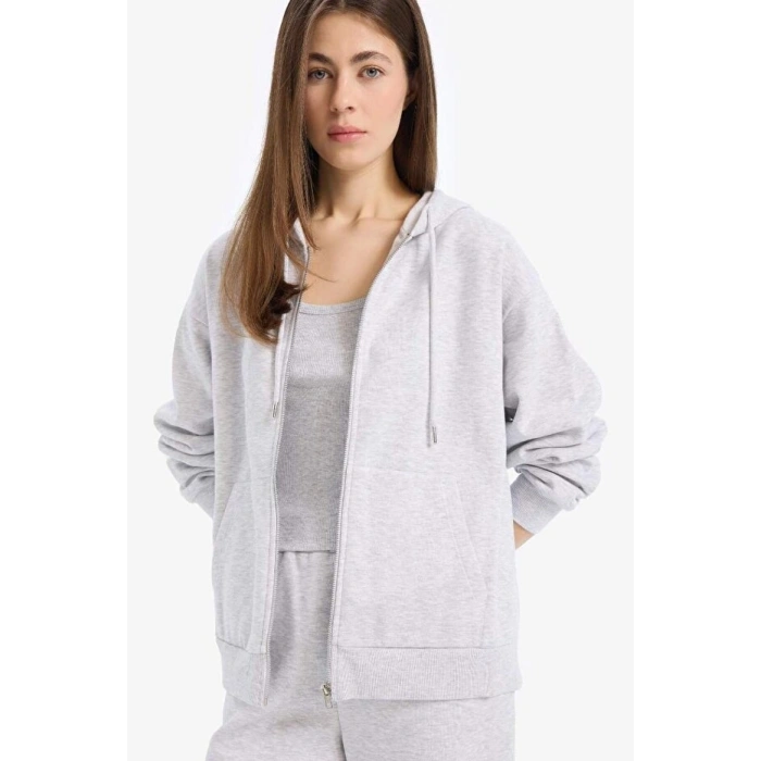 Relax Fit Kapüşonlu Cepli Basic Düz Fermuarlı Sweatshirt