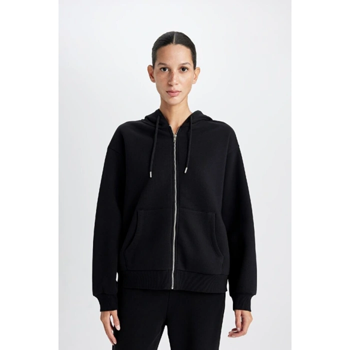 Relax Fit Kapüşonlu Cepli Basic Düz Fermuarlı Sweatshirt