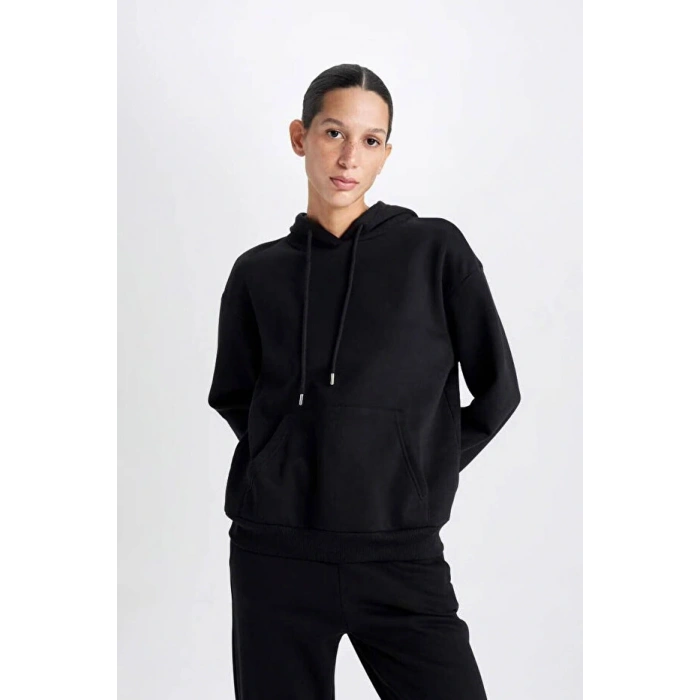 Relax Fit Kapüşonlu Kanguru Cepli Kalın Basic Düz Siyah Sweatshirt