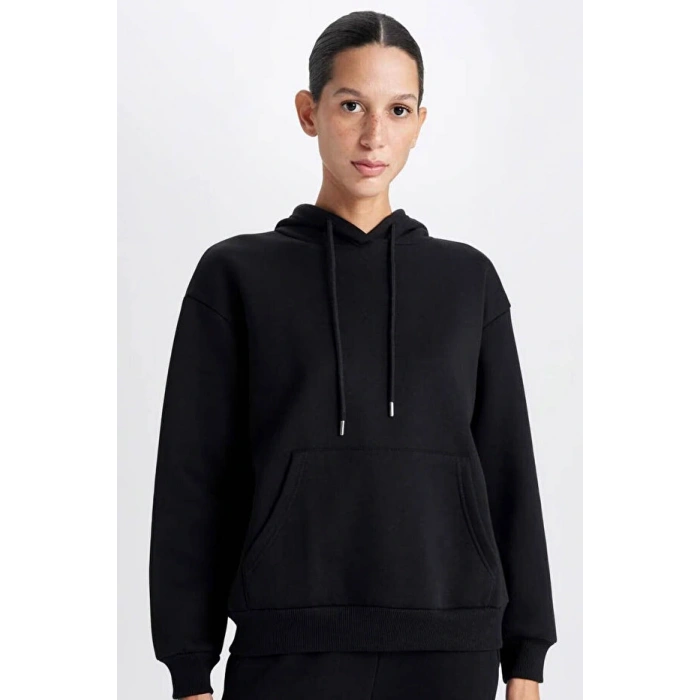 Relax Fit Kapüşonlu Kanguru Cepli Kalın Basic Düz Siyah Sweatshirt