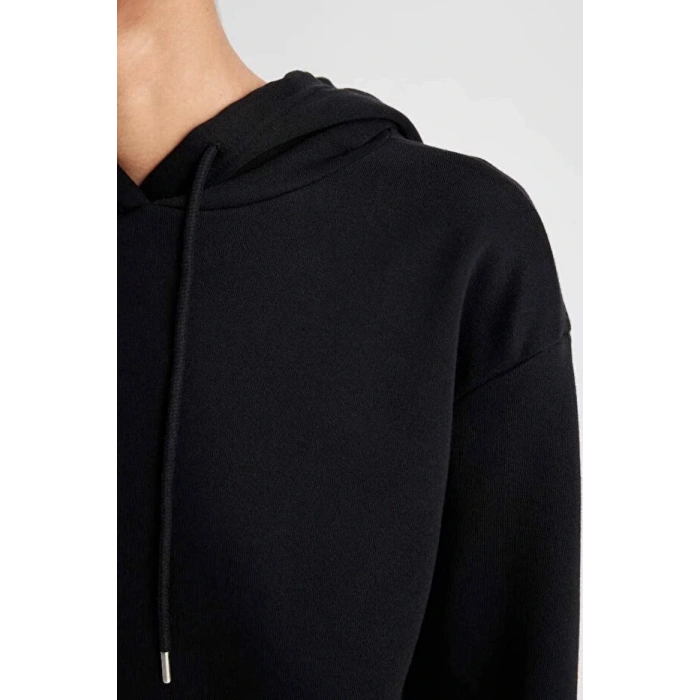 Relax Fit Kapüşonlu Kanguru Cepli Kalın Basic Düz Siyah Sweatshirt