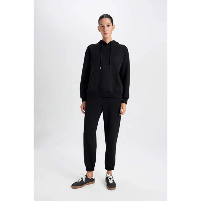 Relax Fit Kapüşonlu Kanguru Cepli Kalın Basic Düz Siyah Sweatshirt