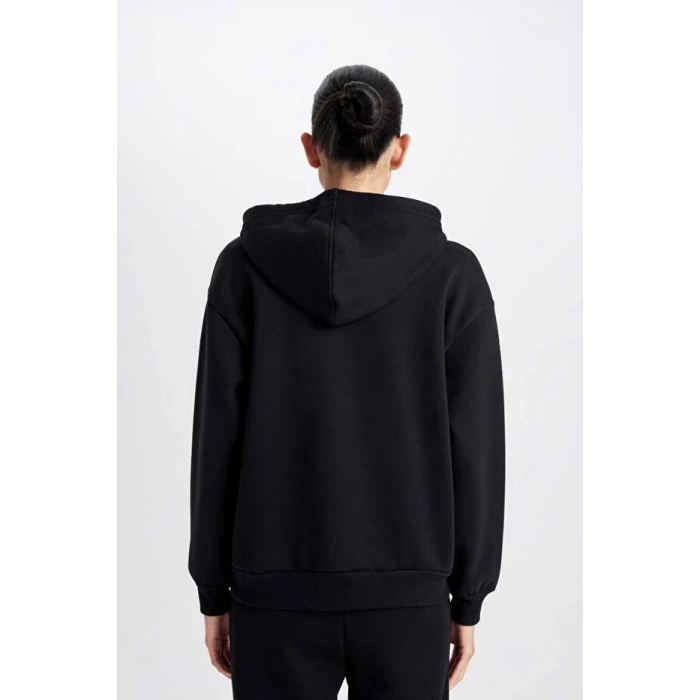 Relax Fit Kapüşonlu Kanguru Cepli Kalın Basic Düz Siyah Sweatshirt