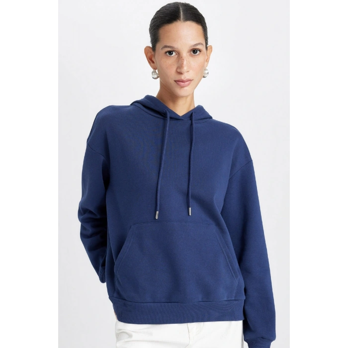 Relax Fit Kapüşonlu Kanguru Cepli Kalın Basic Düz Sweatshirt