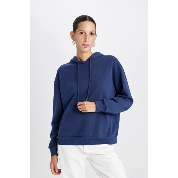Relax Fit Kapüşonlu Kanguru Cepli Kalın Basic Düz Sweatshirt