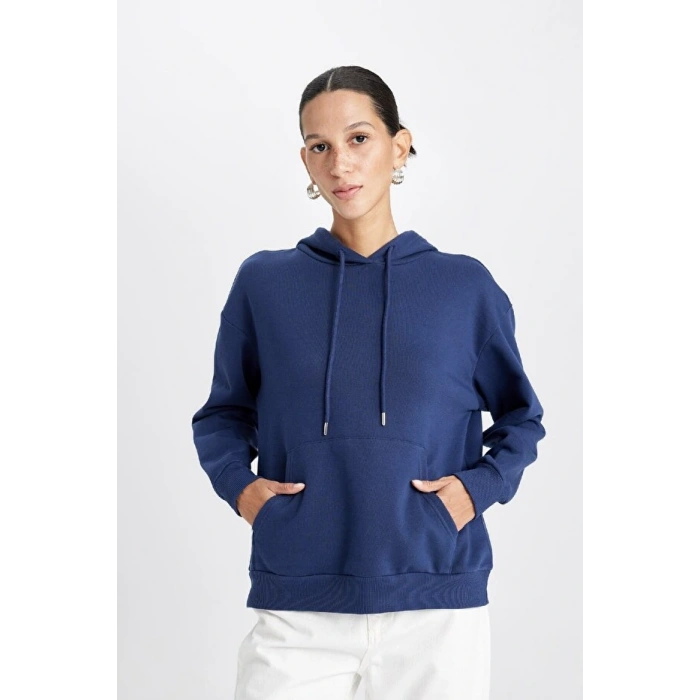 Relax Fit Kapüşonlu Kanguru Cepli Kalın Basic Düz Sweatshirt