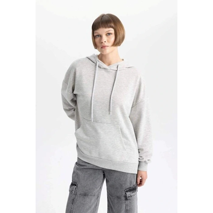 Relax Fit Kapüşonlu Kanguru Cepli Kalın Basic Düz Sweatshirt
