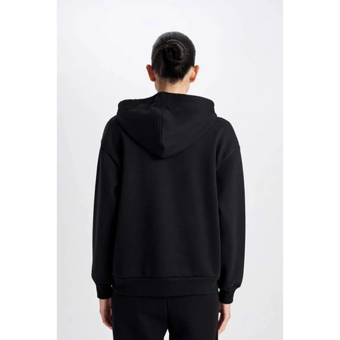 Relax Fit Kapüşonlu Kanguru Cepli Siyah Kadın Sweatshirt