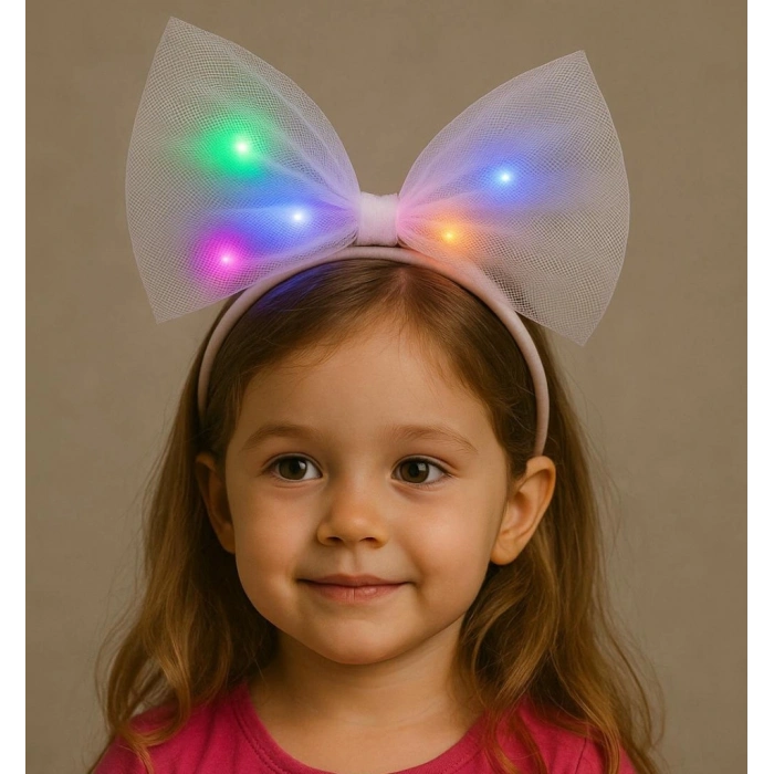 Rengarenk Led Işıklı Fiyonk Şekilli Tül Parti Tacı Beyaz Renk 25x25 cm