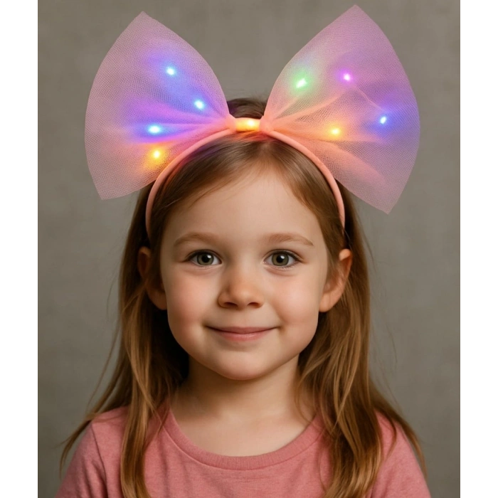 Rengarenk Led Işıklı Fiyonk Şekilli Tül Parti Tacı Pembe Renk 25x25 cm