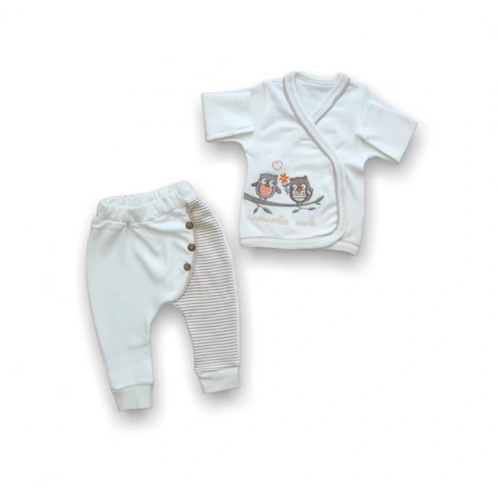 Romantik Çift Baykuş Nakışlı  5Li Zıbın Takımı Hastane Çıkışı Ekru