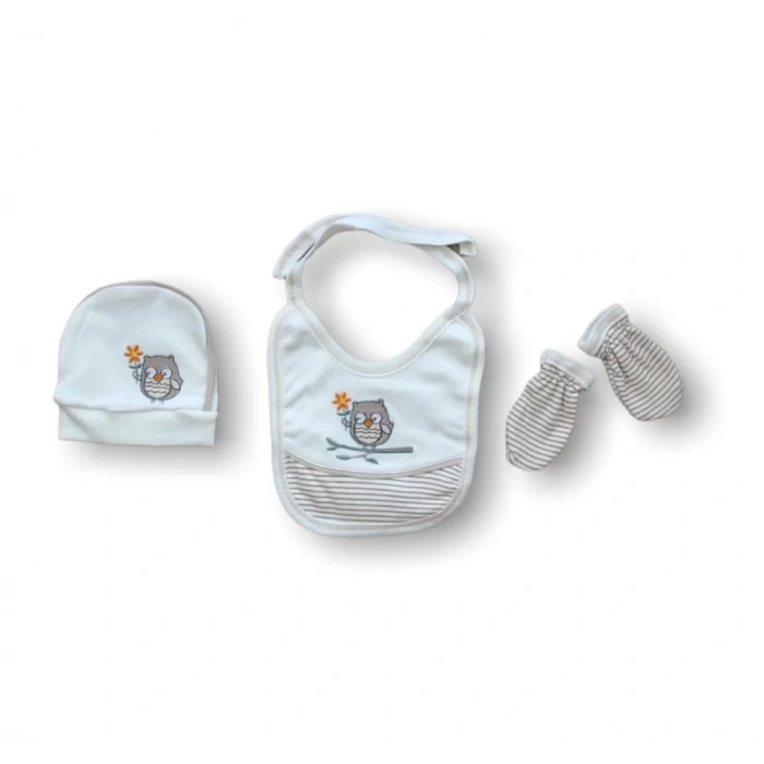 Romantik Çift Baykuş Nakışlı  5Li Zıbın Takımı Hastane Çıkışı Ekru