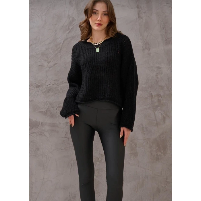 Salaş delik detaylı kazak siyah