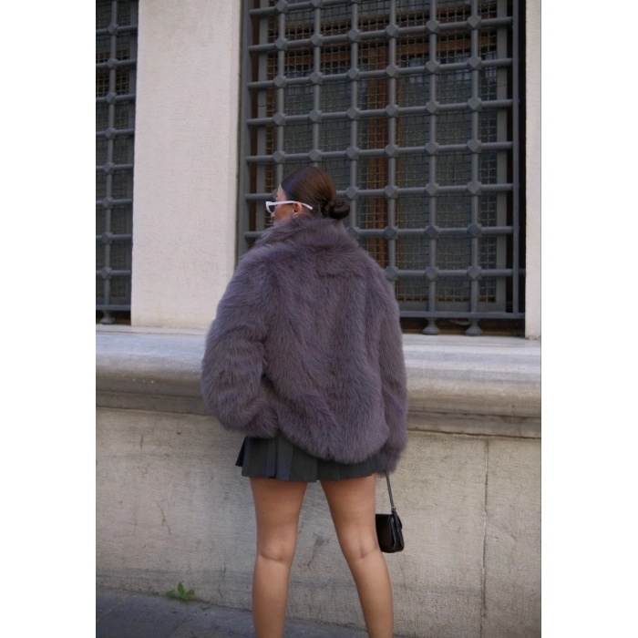 Salaş Sakallı Yumuşak Dokulu Yakalı Cepli Suni Kürk - füme