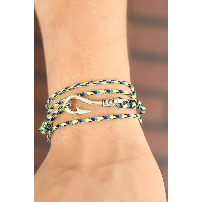 Sarı Mavi Çizgi Desenli Gümüş Renk Metal Kancalı Erkek Bileklik