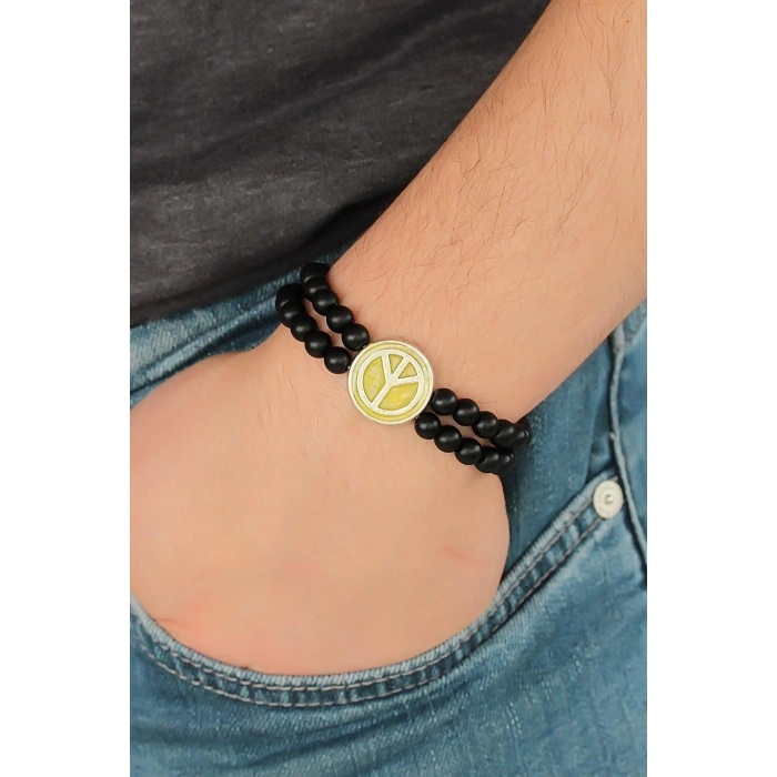 Sarı Metal Barış Simgesi Tasarımlı Siyah Renk Mat Oniks Doğal Taş Erkek Bileklik