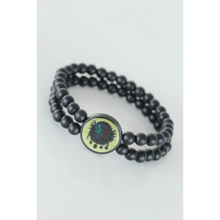 Sarı Renkli Metal Üzerine Osmanlı Arma Figürlü Siyah Renk Çift Sıra Doğal Taş Erkek Bileklik