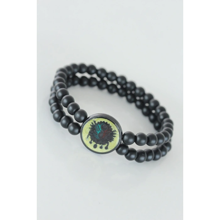 Sarı Renkli Metal Üzerine Osmanlı Arma Figürlü Siyah Renk Çift Sıra Doğal Taş Erkek Bileklik