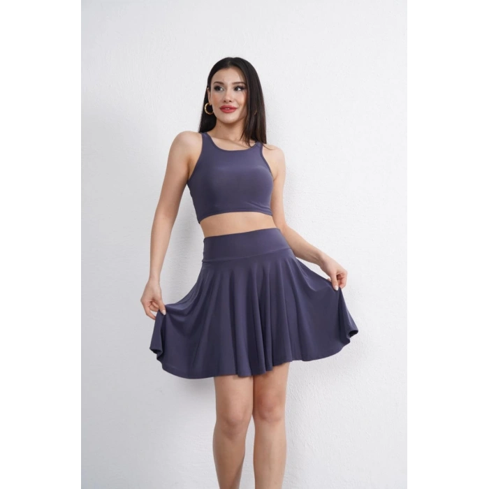 SENDY KUMAŞ BİSİKLET YAKA CROP ŞORTLU ETEK İKİLİ TAKIM - ANTRASİT