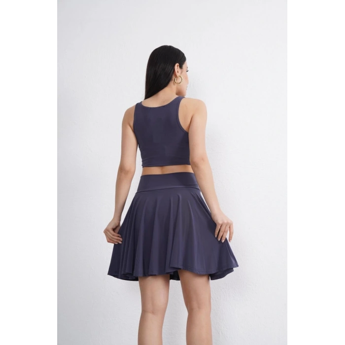 SENDY KUMAŞ BİSİKLET YAKA CROP ŞORTLU ETEK İKİLİ TAKIM - ANTRASİT