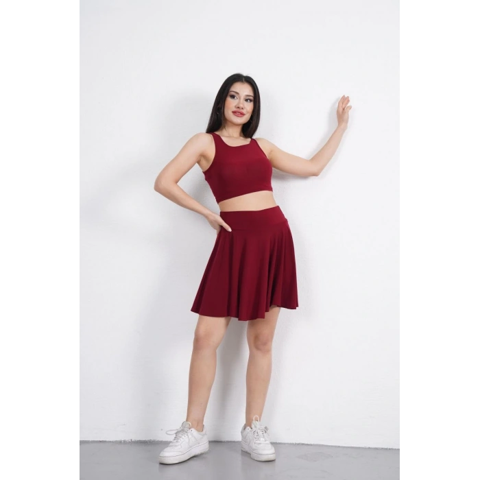 SENDY KUMAŞ BİSİKLET YAKA CROP ŞORTLU ETEK İKİLİ TAKIM - BORDO