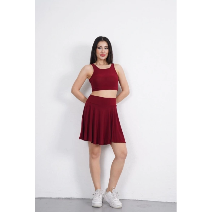 SENDY KUMAŞ BİSİKLET YAKA CROP ŞORTLU ETEK İKİLİ TAKIM - BORDO