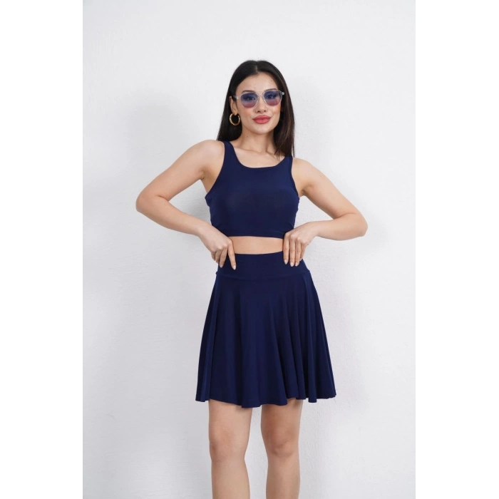 SENDY KUMAŞ BİSİKLET YAKA CROP ŞORTLU ETEK İKİLİ TAKIM - LACİVERT