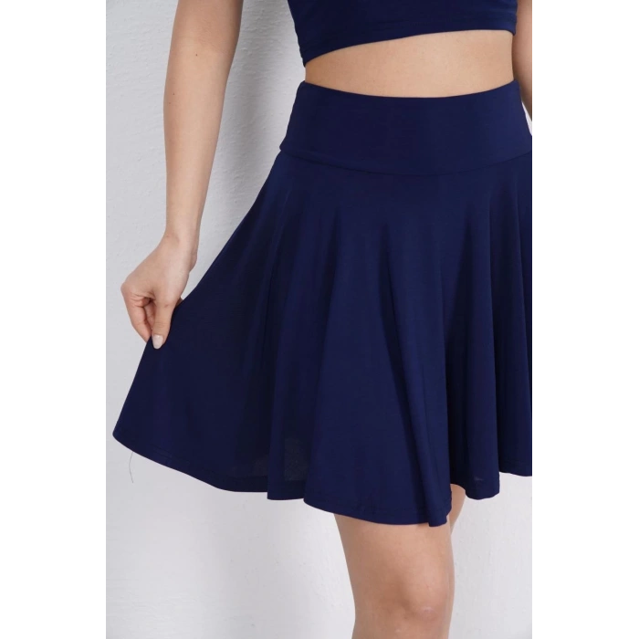 SENDY KUMAŞ BİSİKLET YAKA CROP ŞORTLU ETEK İKİLİ TAKIM - LACİVERT