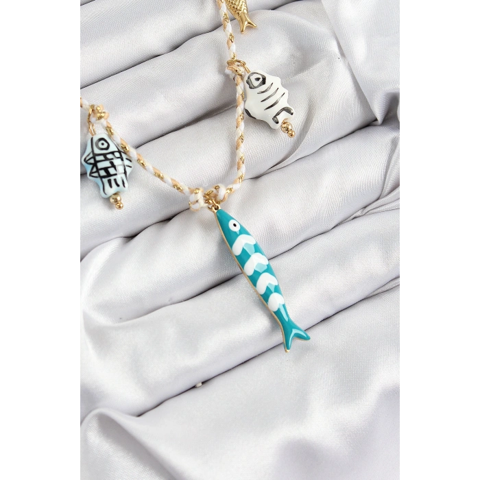 Seramik Motifli Balık Figürlü Model Krem İp Kadın Kolye