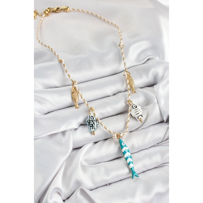 Seramik Motifli Balık Figürlü Model Krem İp Kadın Kolye