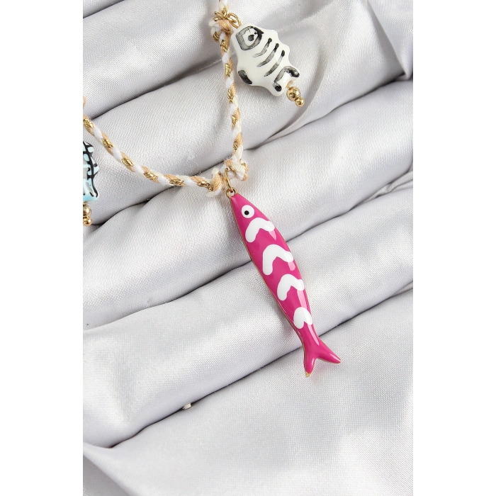Seramik Motifli Pembe Balık Figürlü Model Krem İp Kadın Kolye