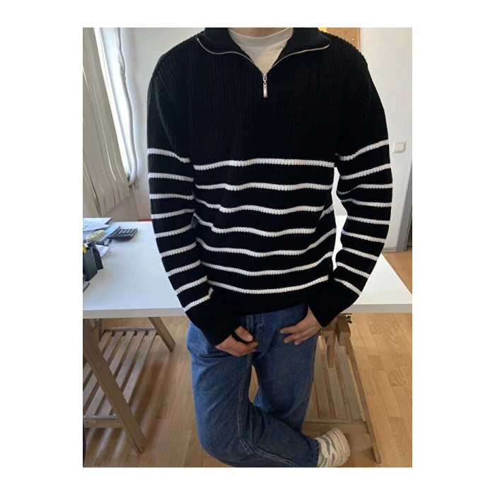 Siyah-Beyaz Erkek Regular Fermuarlı Balıkçı Triko Kazak