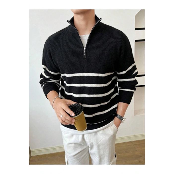 Siyah-Beyaz Erkek Regular Fermuarlı Balıkçı Triko Kazak