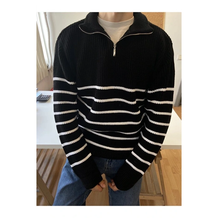 Siyah-Beyaz Erkek Regular Fermuarlı Balıkçı Triko Kazak