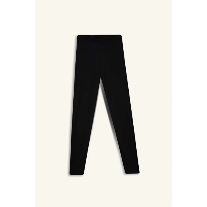 Siyah DeFactoFit Yüksek Bel Beli Saran Pamuklu Basic Düz Sporcu Tayt